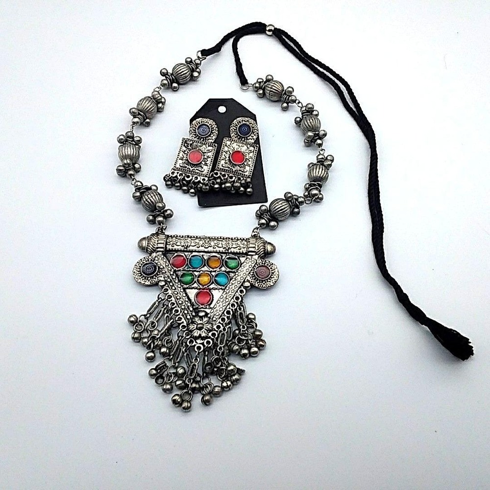 Boho Tribal Statement Necklace Dangle‎ Earrings Silver Tone Enamel Fringe Demi